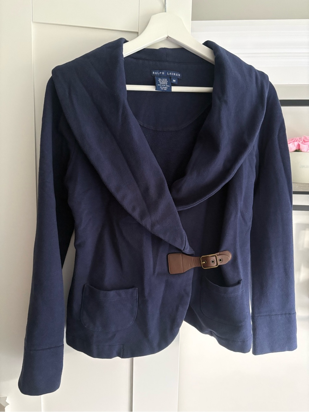 Ralph Lauren Navy Shawl Collar Sweater with Buckle Detail